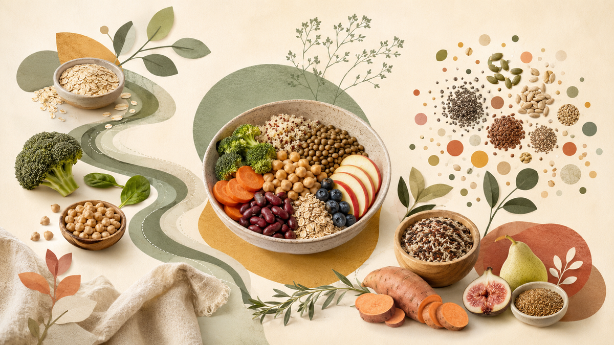 Alimentos ricos en fibra conectados mediante formas orgánicas que representan digestión, saciedad y microbiota