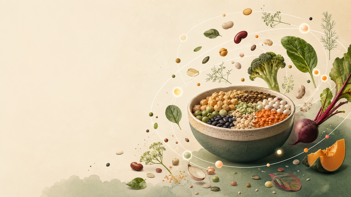 Cuenco de alimentos vegetales rodeado por formas orgánicas que representan la microbiota