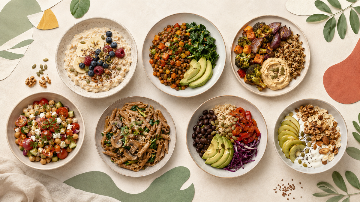 Siete platos variados con avena, frutas, verduras, legumbres y cereales integrales