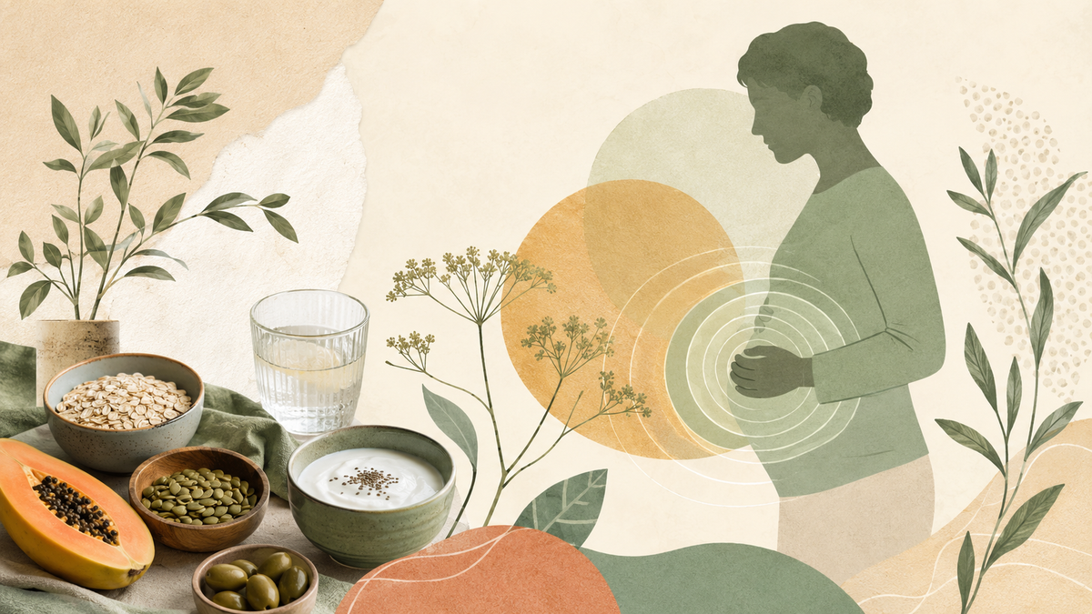 Figura que observa molestias abdominales junto a alimentos y elementos vegetales relacionados con el bienestar digestivo